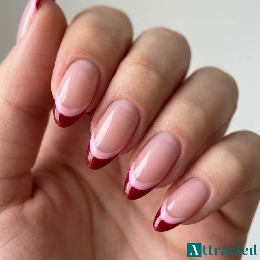 Zbliżenie jednej dłoni z migdałkowymi paznokciami double french w różowo-czerwonym duecie kolorystycznym, na jasnym neutralnym tle
