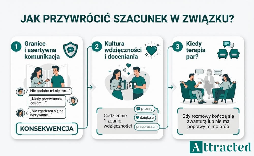 Infografika pokazująca trzy sposoby przywracania szacunku w związku: stawianie granic i asertywne komunikaty, budowanie wdzięczności oraz sygnały, kiedy warto rozważyć terapię par