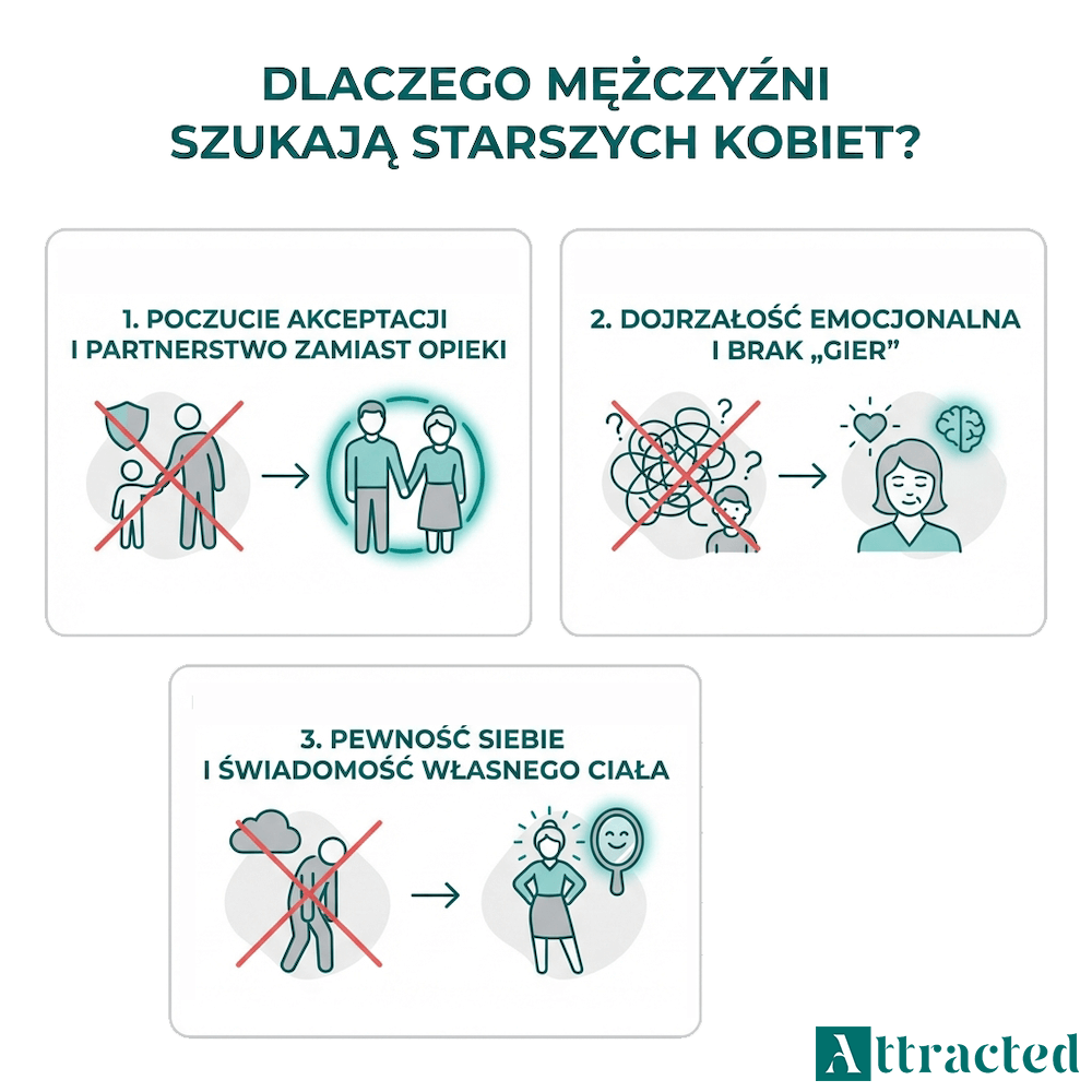 Infografika prezentująca powody, dla których mężczyźni szukają starszych kobiet