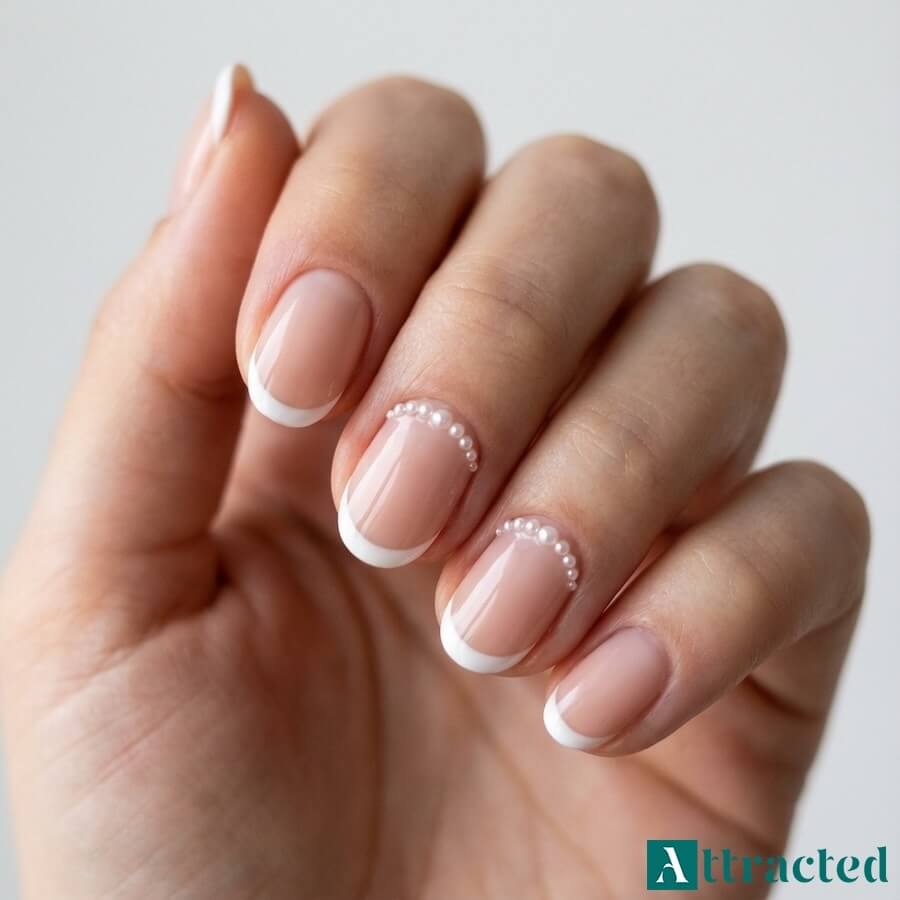 Zbliżenie jednej dłoni z krótkimi owalnymi paznokciami french, z linią maleńkich pereł przy skórkach na dwóch paznokciach, na tle jasnym i neutralnym
