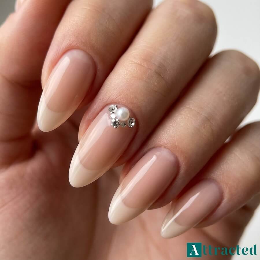 Zbliżenie jednej dłoni z migdałkowymi paznokciami french i subtelną mieszanką perły oraz cyrkonii przy nasadzie paznokcia środkowego, na jasnym neutralnym tle.