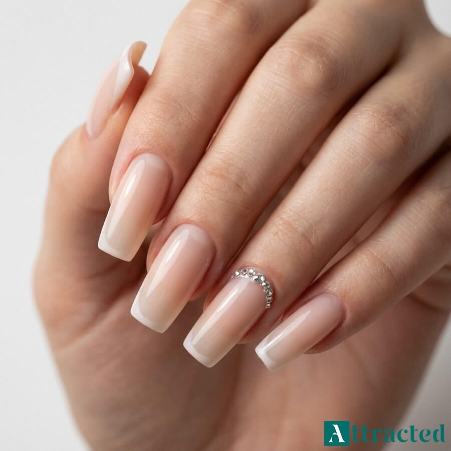 Zbliżenie jednej dłoni z kwadratowymi paznokciami french i półksiężycem z cyrkonii przy nasadzie paznokcia serdecznego, na jasnym neutralnym tle