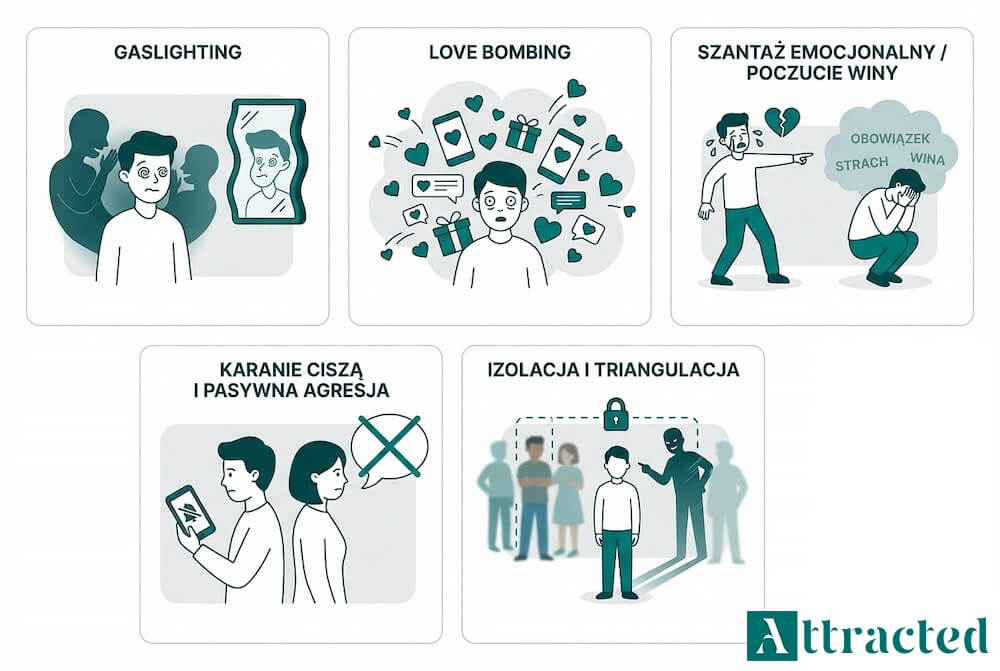 Grafika prezentująca najpopularniejsze techniki manipulacji w relacji partnerskiej