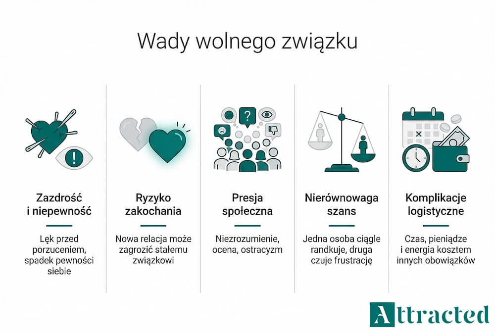 Infografika w języku polskim z tytułem „Wady wolnego związku” i pięcioma sekcjami: zazdrość i niepewność, ryzyko zakochania, presja społeczna, nierównowaga szans oraz komplikacje logistyczne, zobrazowanymi ikonami i krótkimi hasłami