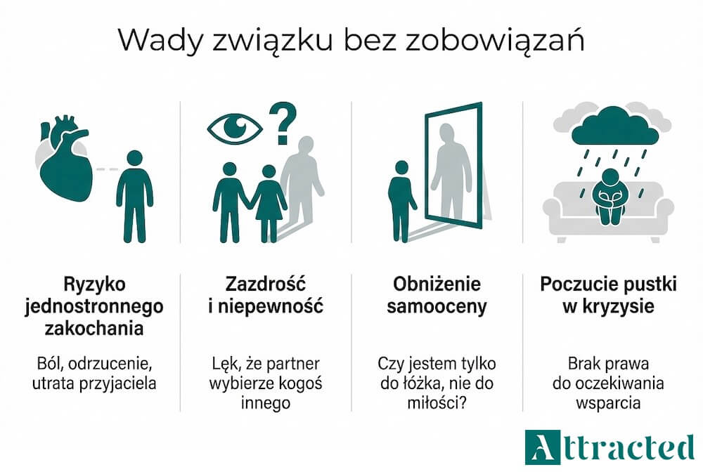 Infografika w języku polskim z tytułem „Wady związku bez zobowiązań” i czterema sekcjami: ryzyko jednostronnego zakochania, zazdrość i niepewność, obniżenie samooceny oraz poczucie pustki w kryzysie, zobrazowanymi ikonami i krótkimi hasłami