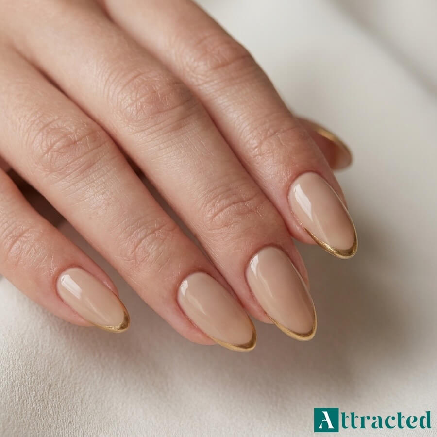 Zbliżenie jednej dłoni z beżowymi paznokciami panny młodej i subtelnym outline french w złocie, na jasnym neutralnym tle.