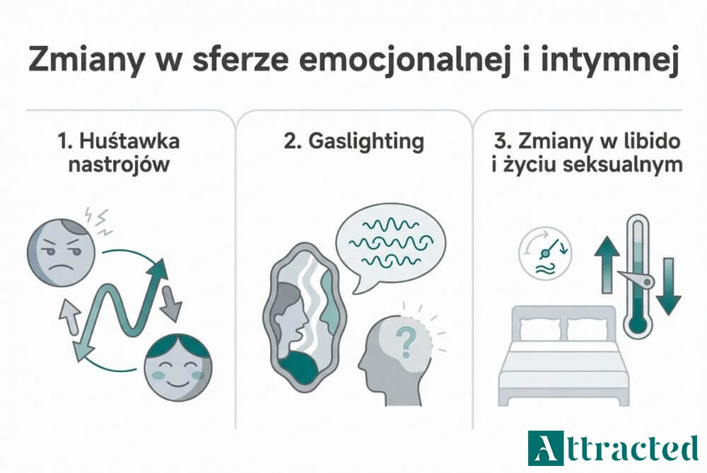 Infografika z tytułem „Zmiany w sferze emocjonalnej i intymnej” oraz trzema sekcjami: 1. Huśtawka nastrojów, 2. Gaslighting, 3. Zmiany w libido i życiu seksualnym, przedstawionymi ikonami