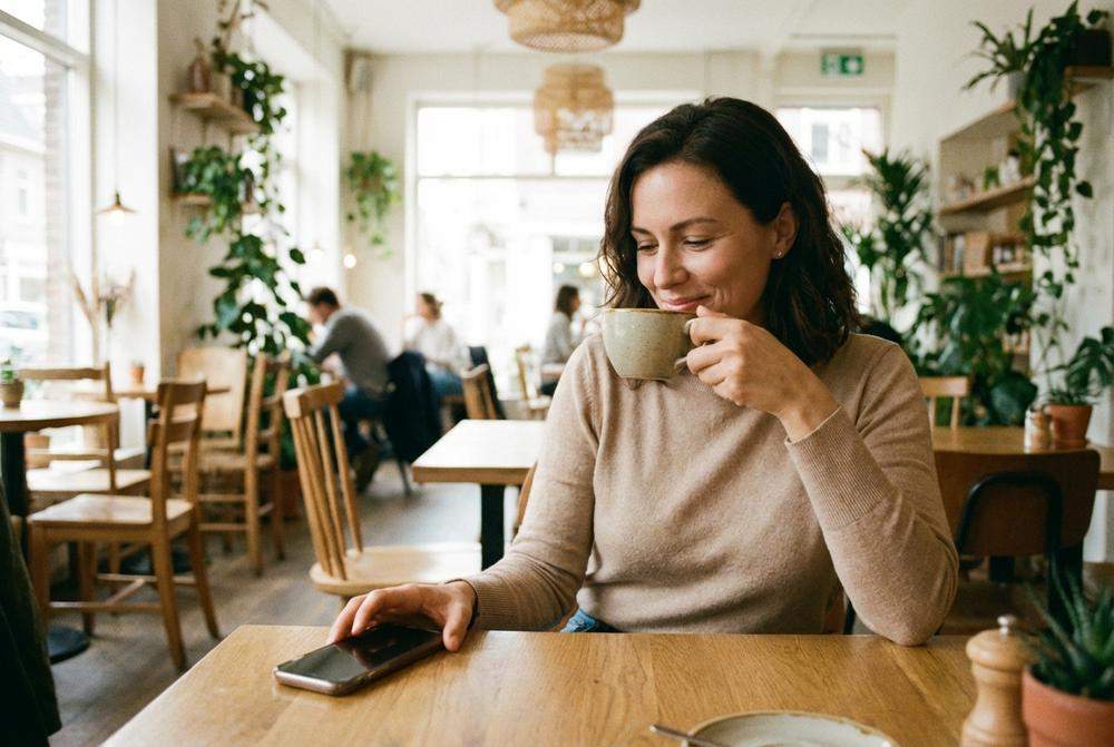 Pewna siebie kobieta odkłada telefon w kawiarni