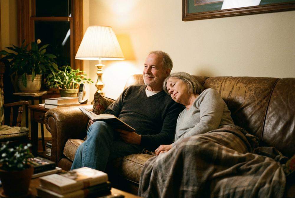 Kobieta opierająca głowę o ramię partnera w bezpiecznej ciszy