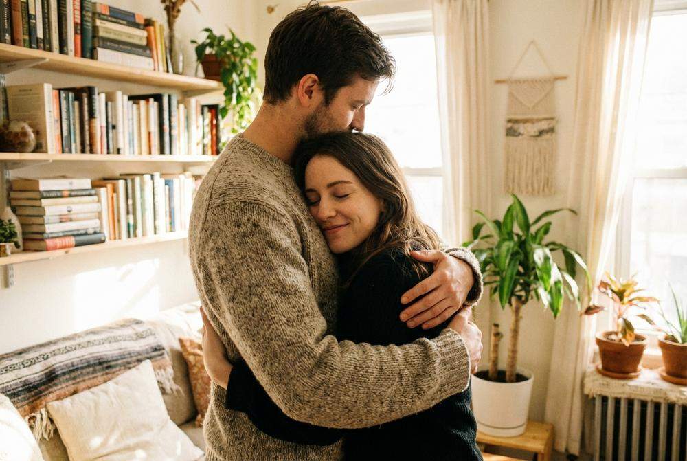 mężczyzna dający kobiecie poczucie bezpieczeństwa uściskiem
