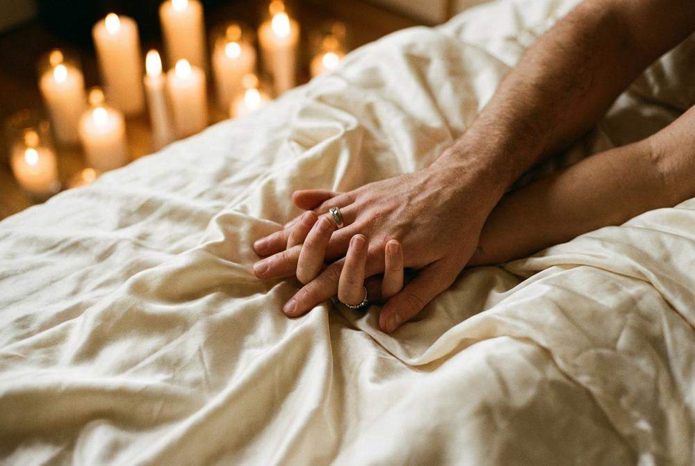 splecione dłonie pary w łóżku