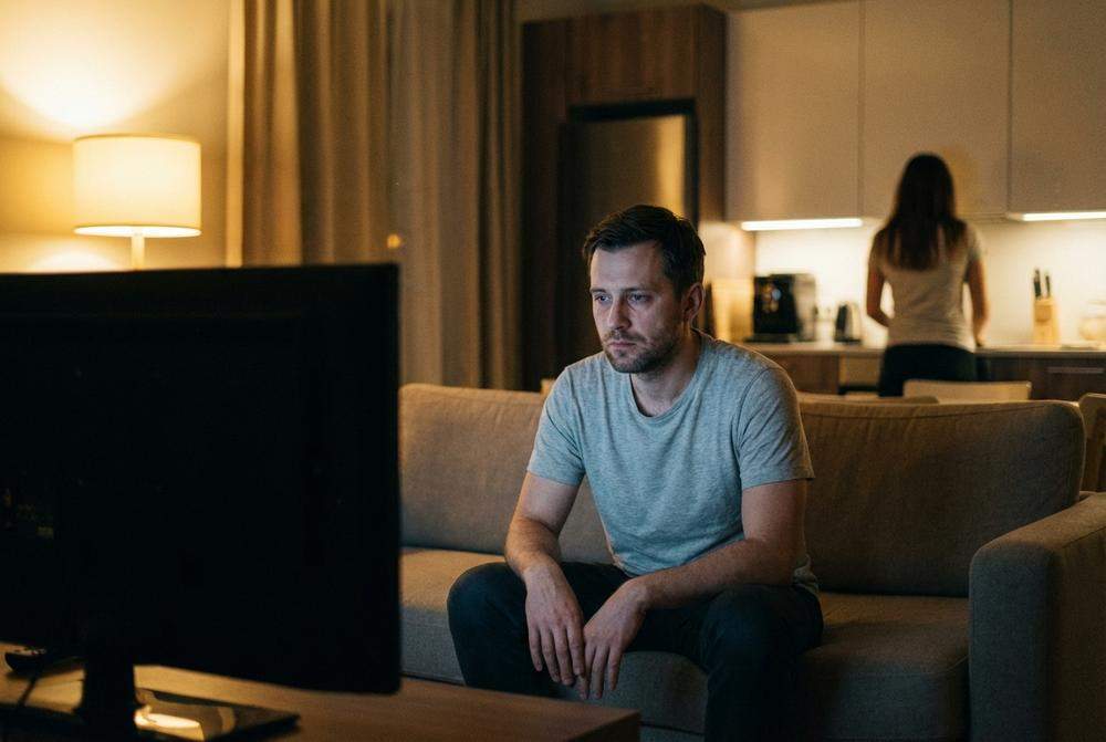 Mężczyzna siedzący na kanapie podczas cichych dni, dystans w związku