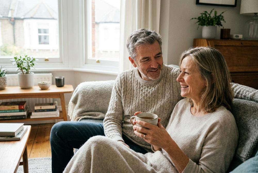 Zadbana para 50 plus rozmawiająca w salonie o relacjach