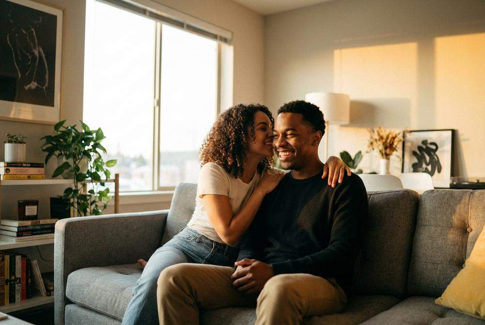 szczęśliwa para kobieta szepcze do ucha mężczyźnie