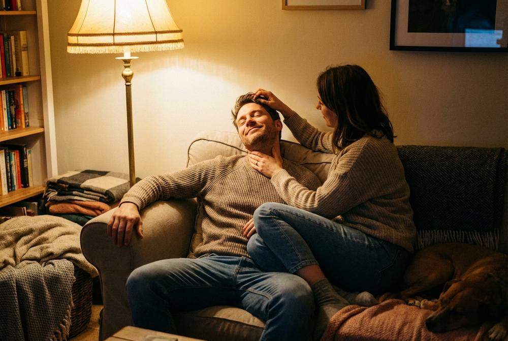 kobieta masująca kark zrelaksowanego mężczyzny