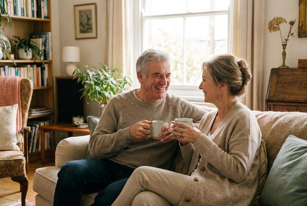 Szczęśliwa para po 60 rozmawia na kanapie w salonie