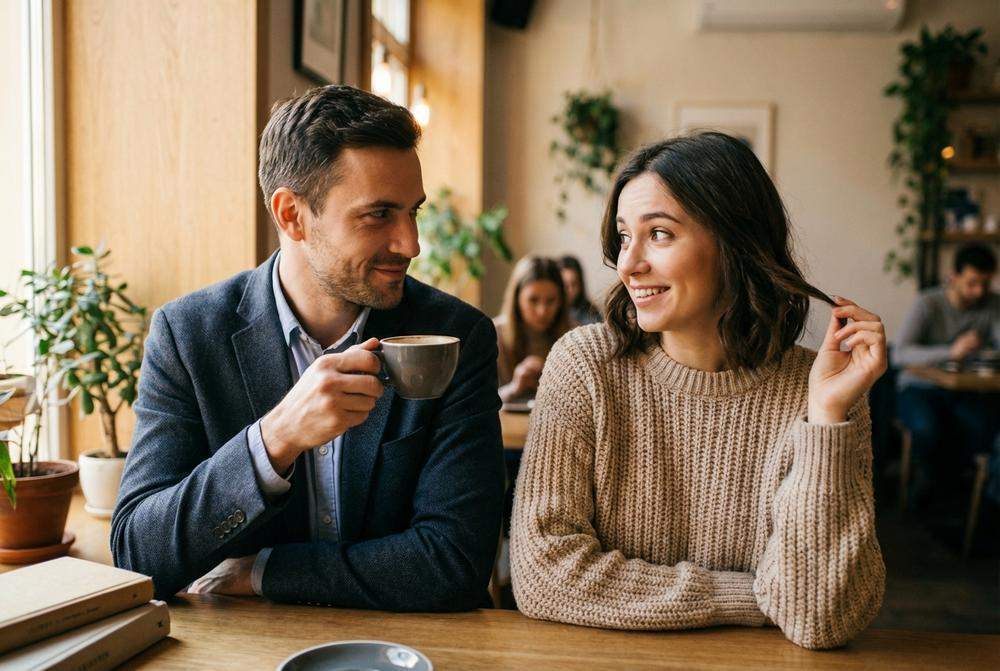 Mężczyzna bada grunt podczas rozmowy w kawiarni