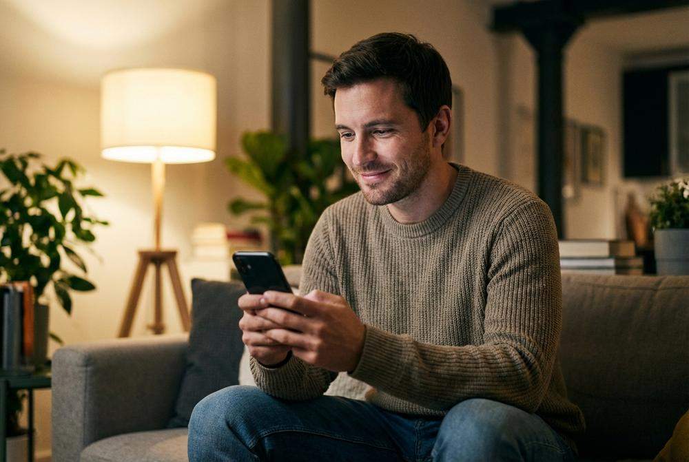 Mężczyzna uśmiecha się do telefonu myśląc o kobiecie