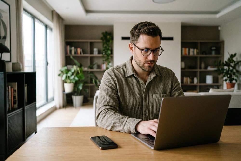 skupiony mężczyzna w biurze ignoruje telefon