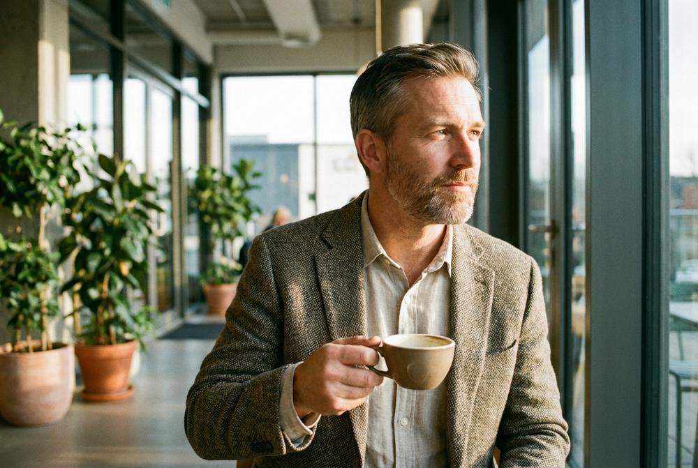 Przystojny zamyślony mężczyzna po 40 w kawiarni