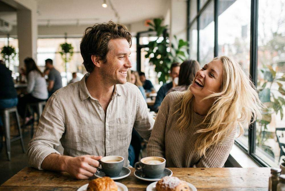 Mężczyzna patrzący z pożądaniem na uśmiechniętą kobietę w kawiarni