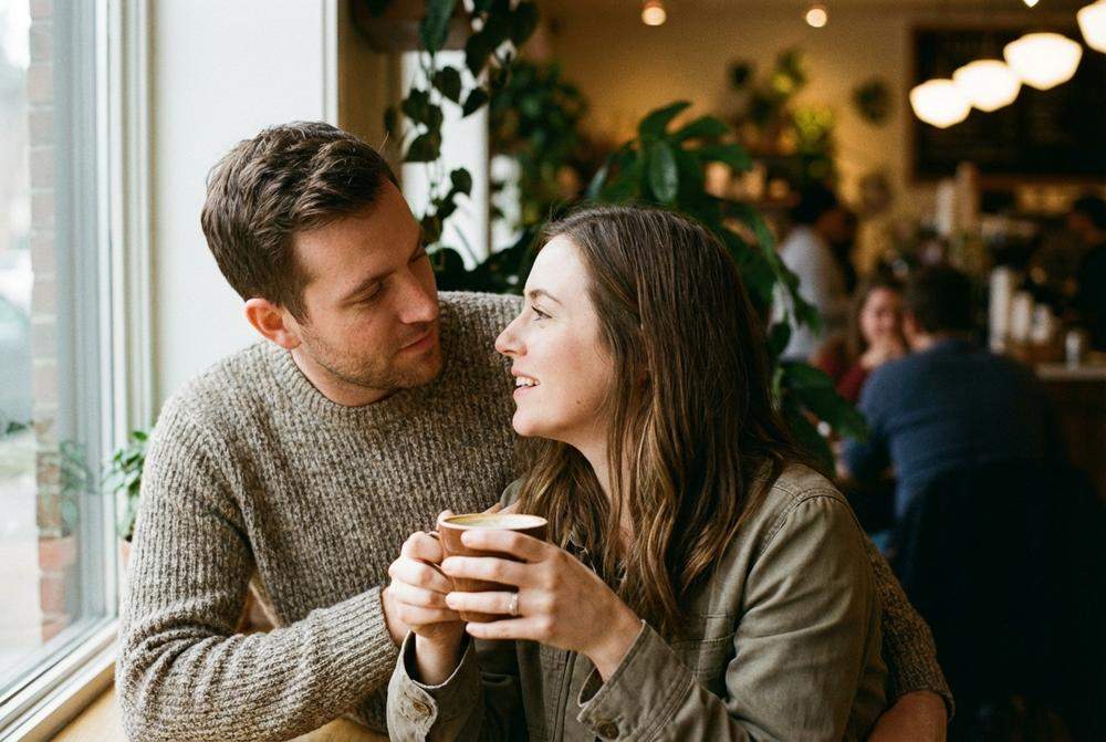 Mężczyzna uważnie słuchający partnerki w kawiarni
