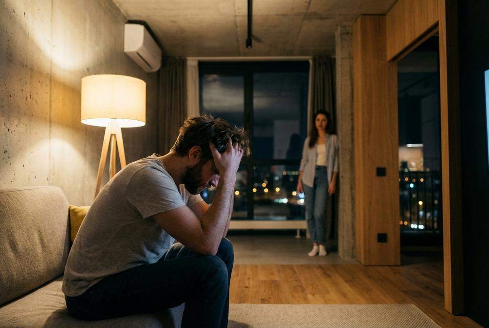 Mężczyzna unika wzroku partnerki siedząc na kanapie