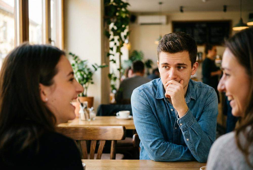 Mężczyzna ukradkiem patrzący na kobietę w kawiarni