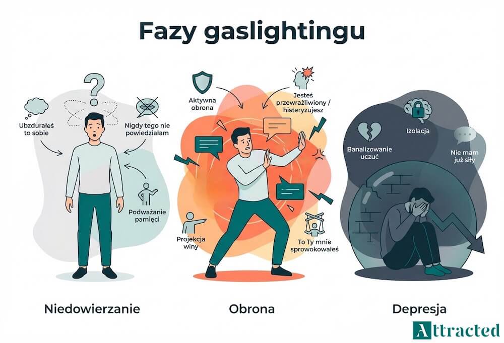 Infografika "Fazy gaslightingu", ilustrująca trzy etapy manipulacji: od początkowego zdziwienia, przez aktywną obronę, aż do końcowej rezygnacji i depresji ofiary