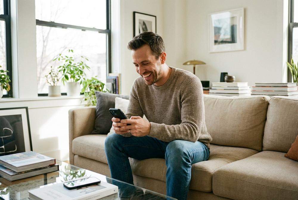 Uśmiechnięty mężczyzna piszący flirtującą wiadomość na telefonie