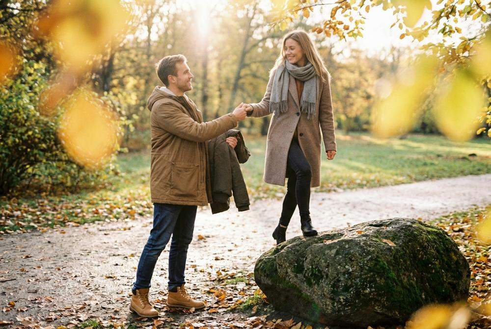 mężczyzna okazujący troskę i opiekę kobiecie na spacerze