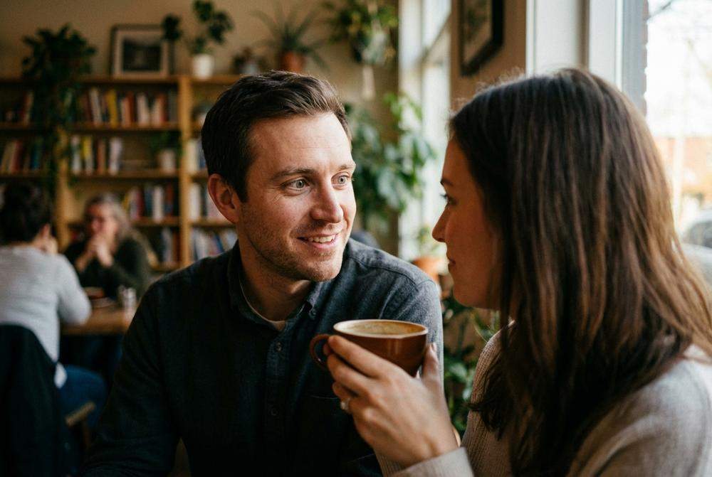 Mężczyzna utrzymujący intensywny kontakt wzrokowy z kobietą w kawiarni