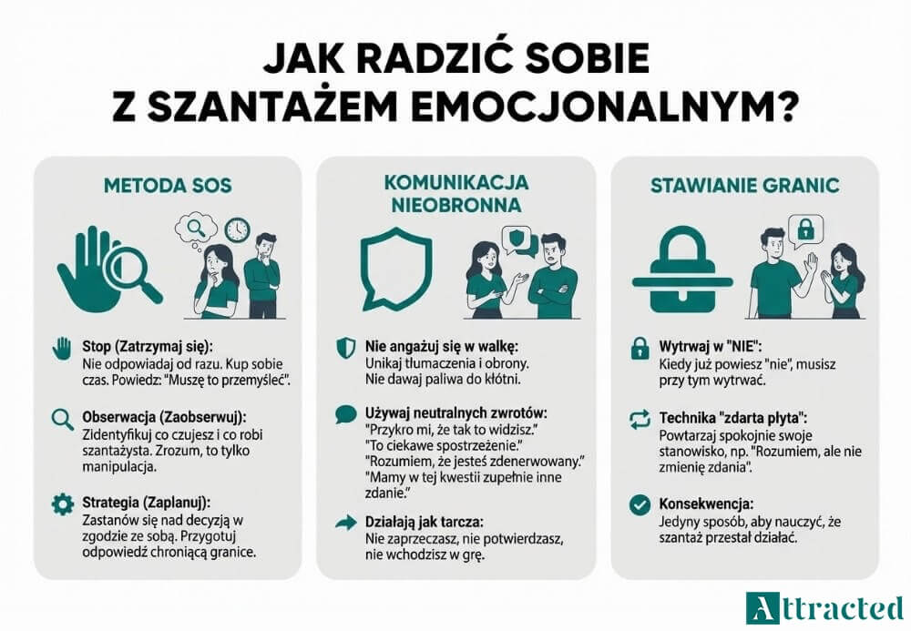 Infografika przedstawiająca trzy metody radzenia sobie z szantażem emocjonalnym: metodę SOS, komunikację nieobronną oraz stawianie granic i konsekwencję