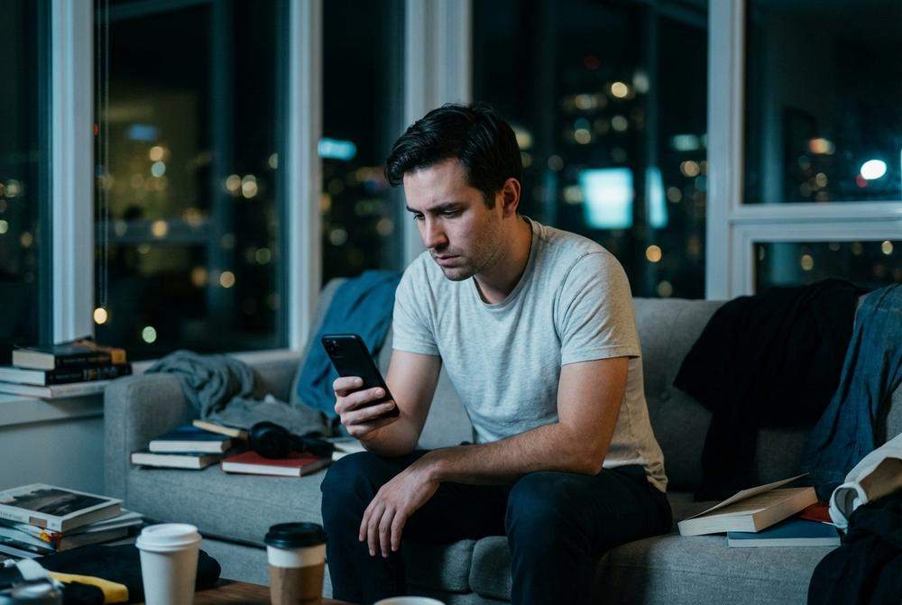 zamyślony mężczyzna tęskniący po rozstaniu wieczorem