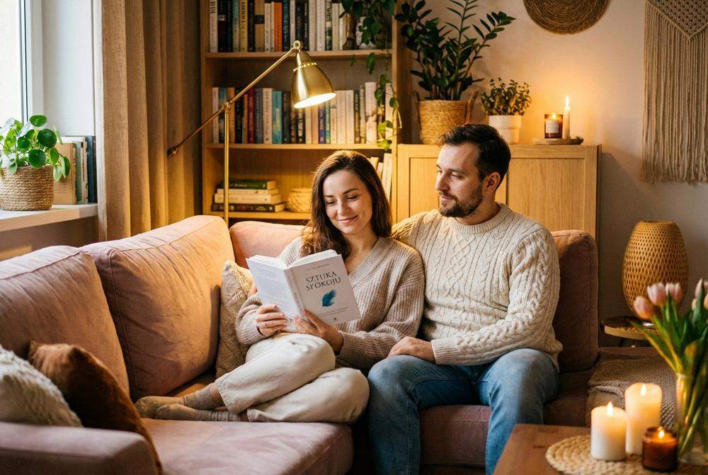 Kobieta emanująca spokojem i ciepłem przy partnerze w domu