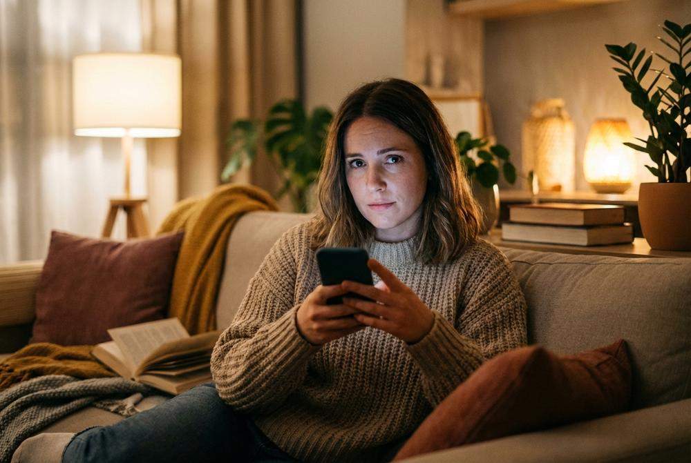 Kobieta zastanawia się nad wiadomością od faceta