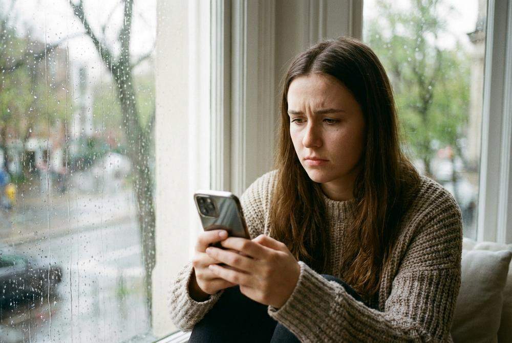 zmartwiona kobieta sprawdza telefon czekając na wiadomość