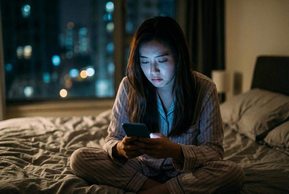 Kobieta sprawdza telefon w nocy rozczarowana brakiem wiadomości