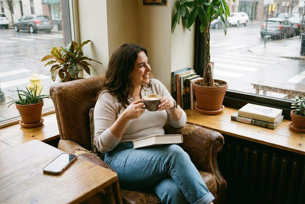 spokojna kobieta w kawiarni nie czeka na sms