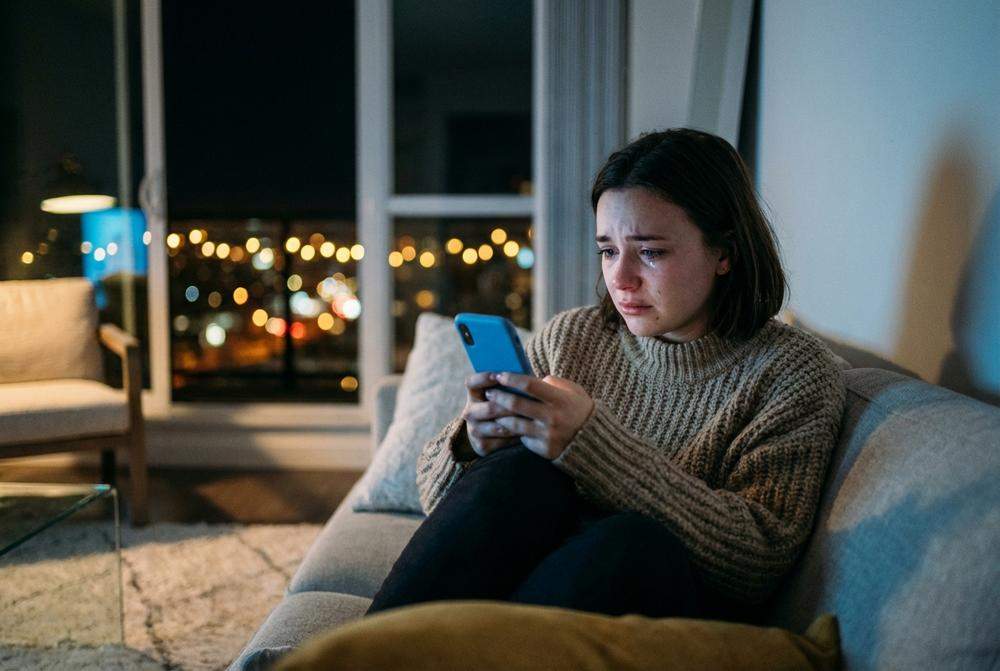 Kobieta smutna patrzy w telefon ofiara ghostingu