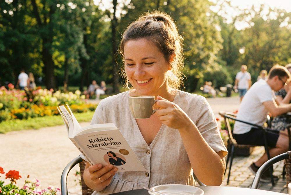 szczęśliwa niezależna kobieta w kawiarni