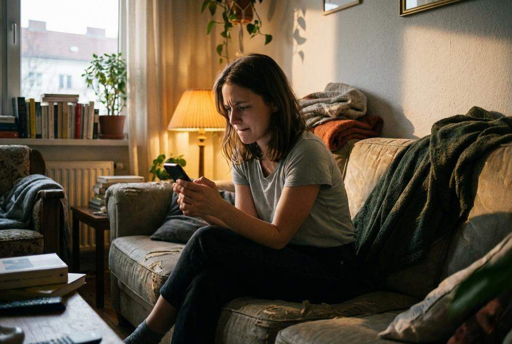 Zastanawiająca się kobieta z telefonem na kanapie