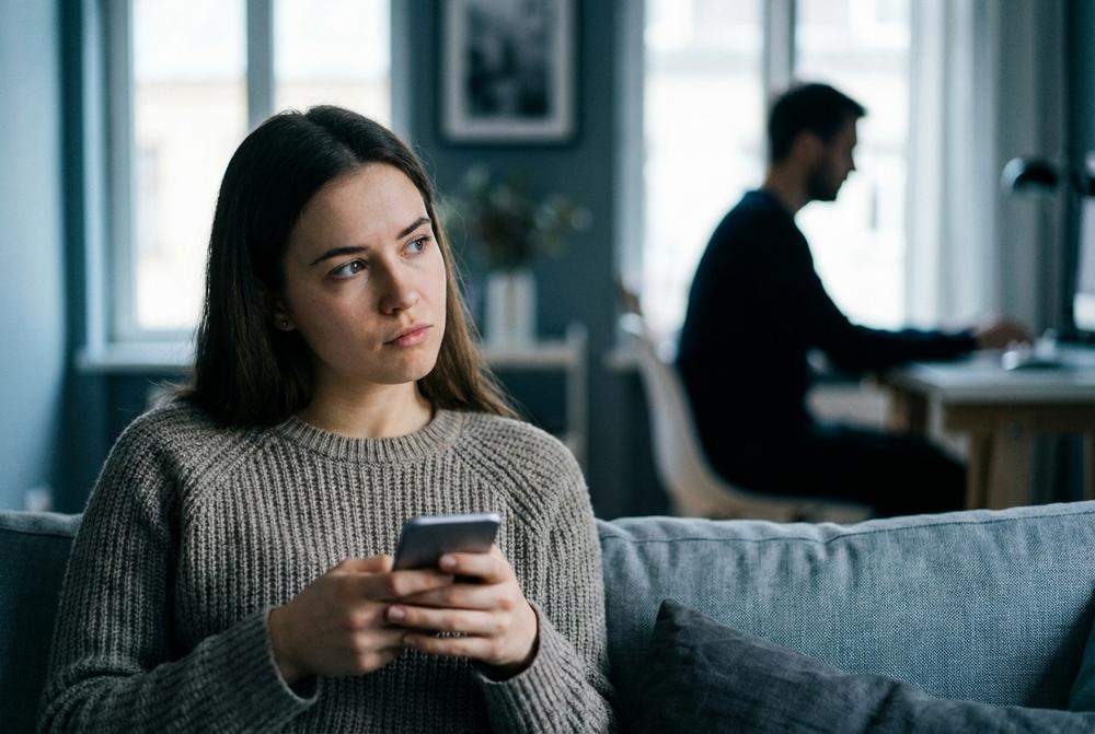 zamyślona kobieta analizująca intencje mężczyzny