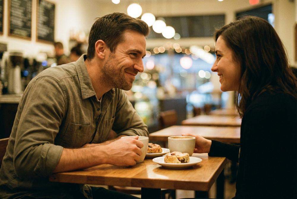 Mężczyzna utrzymujący kontakt wzrokowy i flirtujący z kobietą w kawiarni