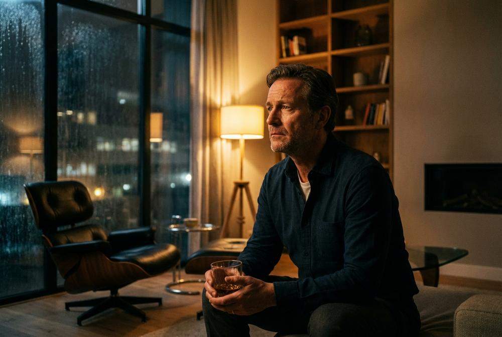 Zamyślony mężczyzna tęskniący po rozstaniu