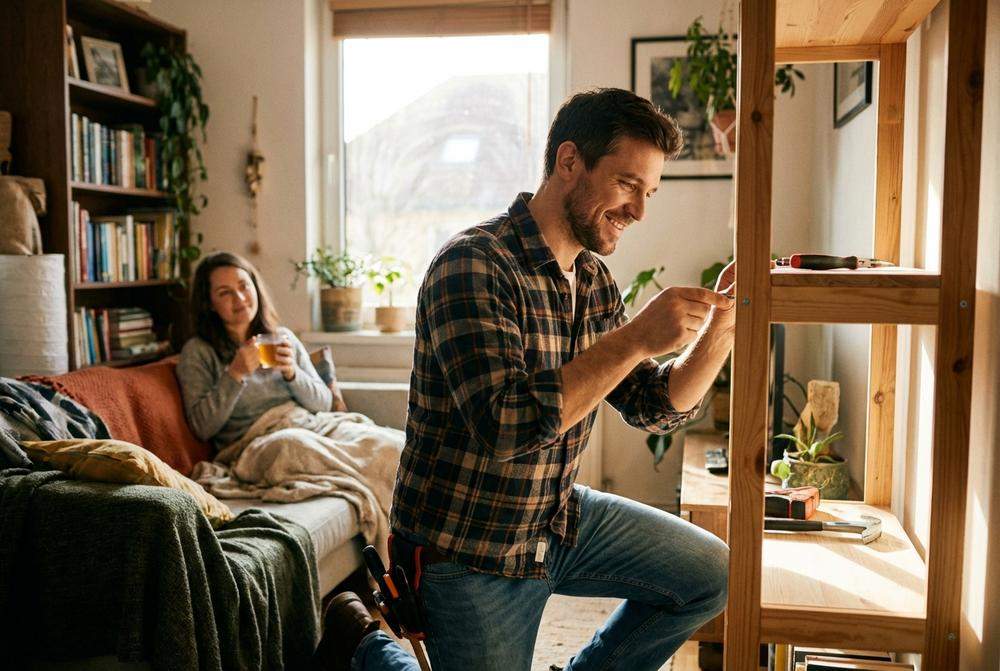 mężczyzna naprawiający półkę jako wyraz miłości