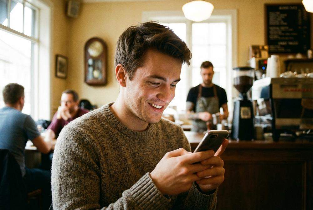 Mężczyzna w kawiarni patrzący z zainteresowaniem na telefon