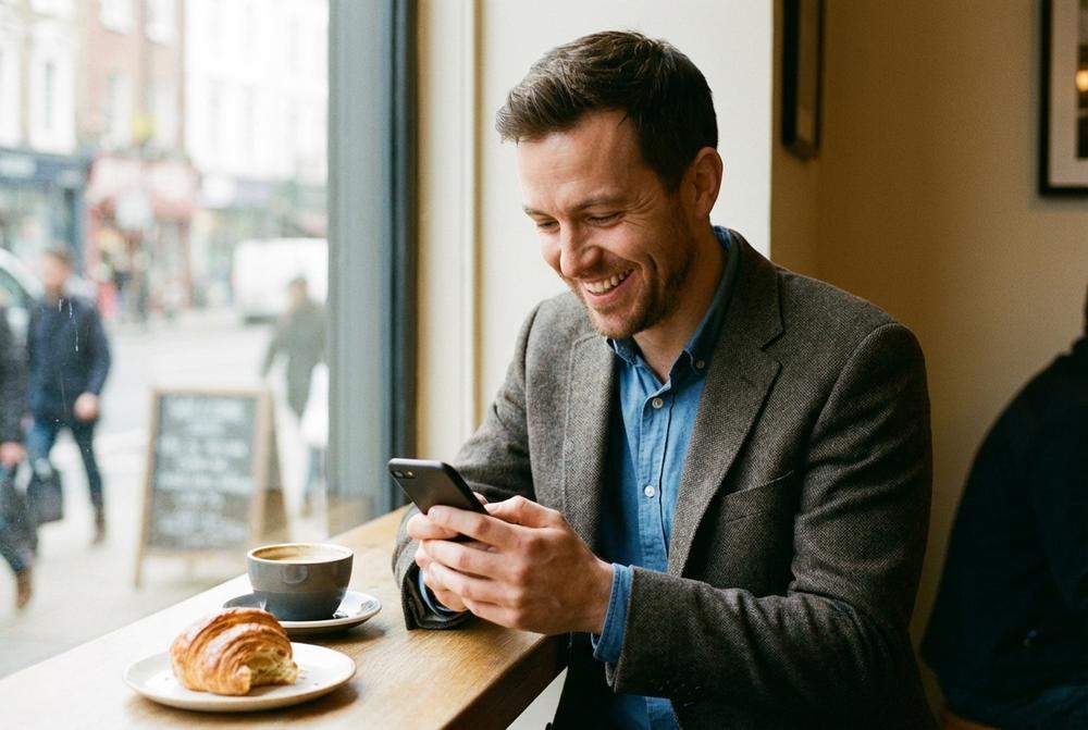 Mężczyzna piszący wiadomość na telefonie w kawiarni