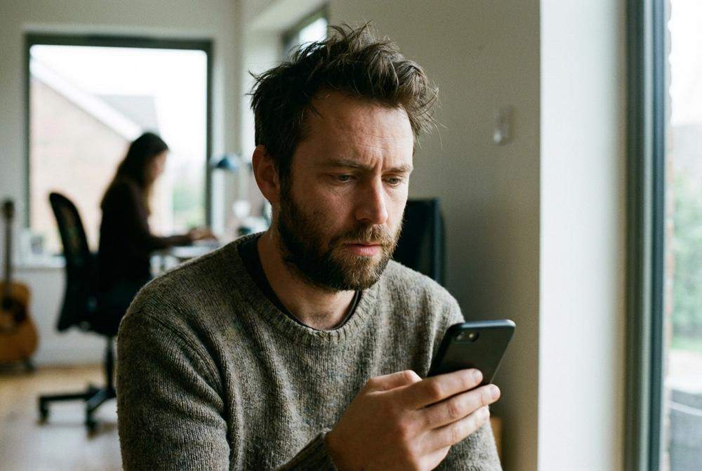 Mężczyzna piszący smsy do byłej partnerki na telefonie