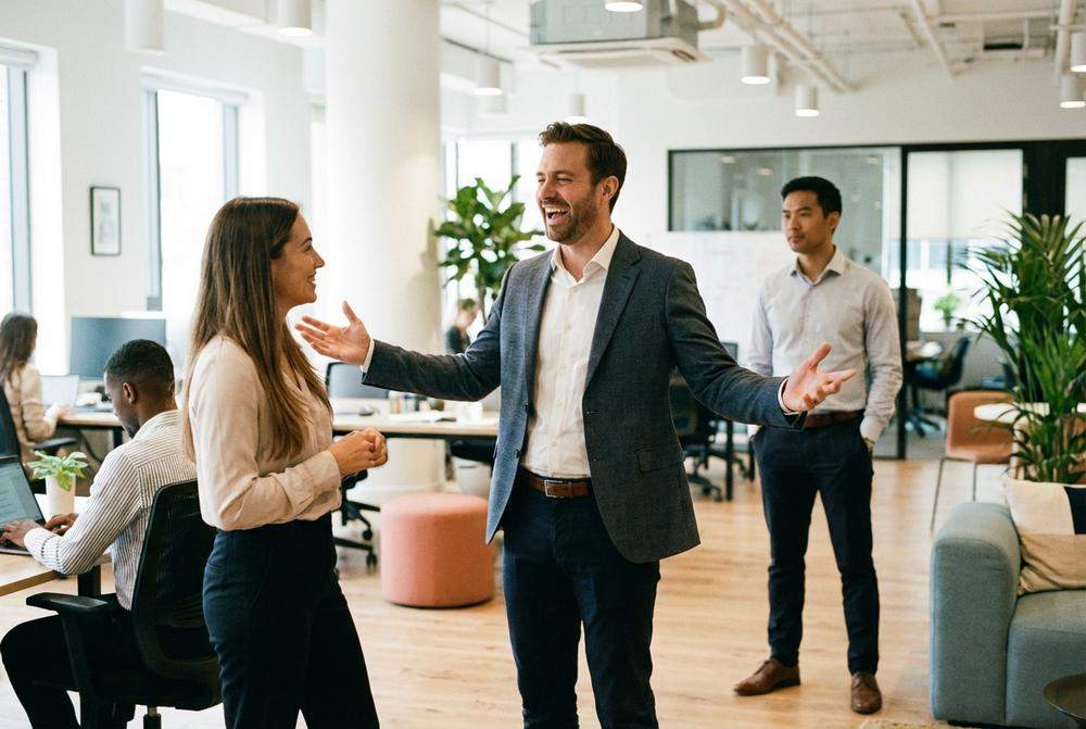 Mężczyzna popisuje się przed kobietą w biurze